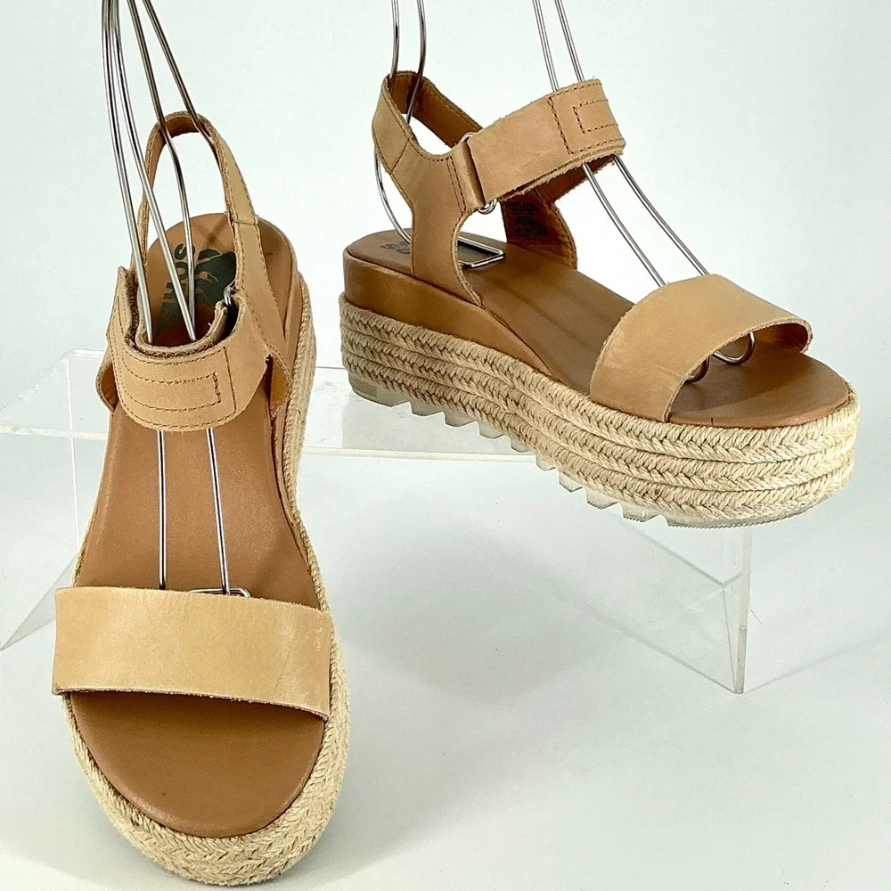 Sorel Womens Size 7 Cameron Flatform‎ Espadrille Tan Leather Platform Sandals
